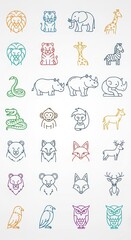 Obraz premium Colorful Line Art Animal and Mythical Creature Icons Set.