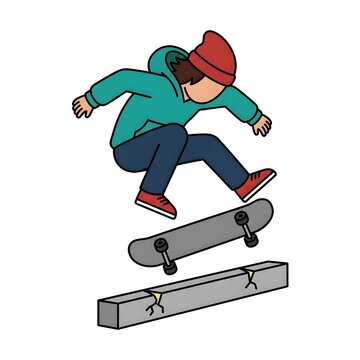Skateboarder jumping over a concrete block in the street