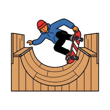 Skateboarder performing a dynamic trick on a wooden half pipe