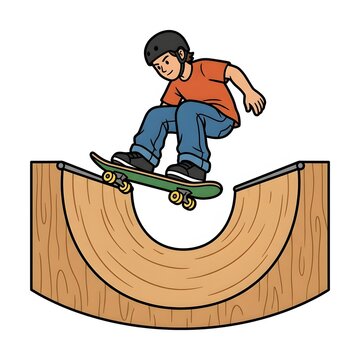 Skater wearing safety gear jumping off a wooden skate ramp
