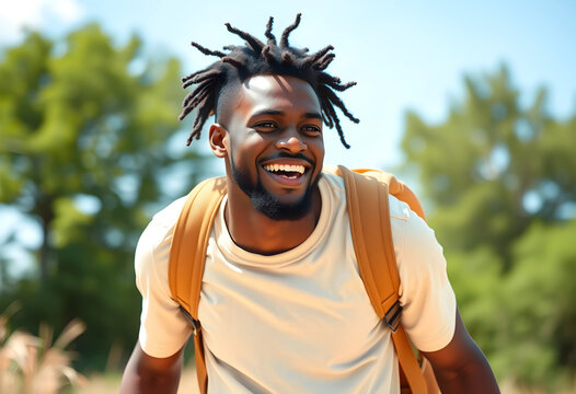 Happy young african american man with dreadlocks and backpack smiling outdoors on a sunny day