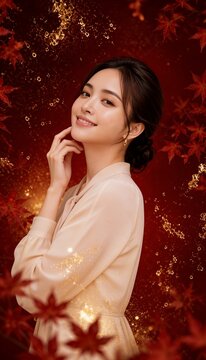 紅葉と金箔の舞う背景で微笑む美しい女性の秋コスメ美容広告ビジュアル