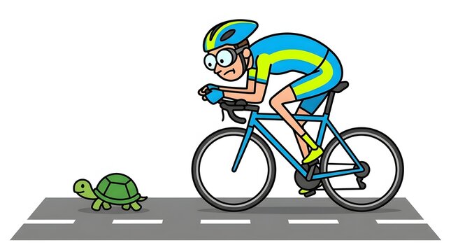 Racing cyclist competing against a slow turtle on the road