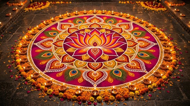 Intricate lotusthemed rangoli pattern decorated with marigold flowers and diyas