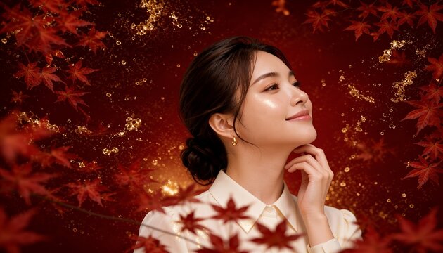 紅葉と金箔の舞う背景で微笑む美しい女性の秋コスメ美容広告ビジュアル