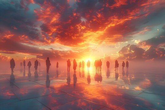 Figures gather on a reflective surface to witness a dramatic vibrant sunset.