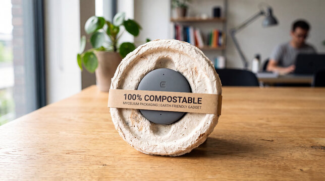 A grey electronic device in a circular mycelium packaging tray with a paper band reading 100% Compostable rests on a wooden table in an office setting. Logo is AI generated.