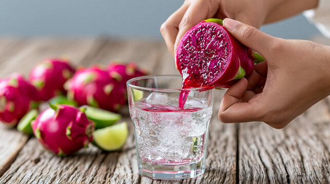 Hands squeezing fresh dragon fruit over a glass filled with ice and water, with whole dragon fruits and lime wedges on a rustic wooden table
