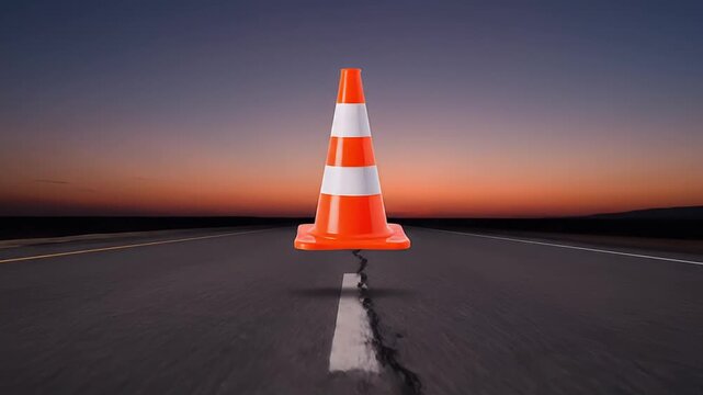 Traffic cone levitating above highway at sunset.