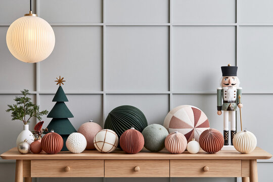 Decorative Christmas ornaments and a nutcracker figurine arranged on a wooden table against a light gray wall with geometric paneling in a festive interior setting
