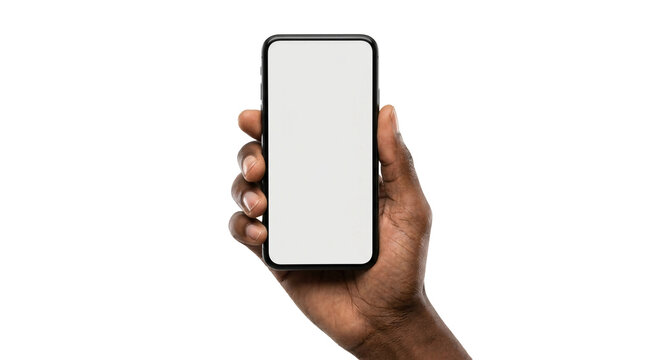 Black person holding smartphone with blank screen, mobile phone mockup on white background, hand using digital device