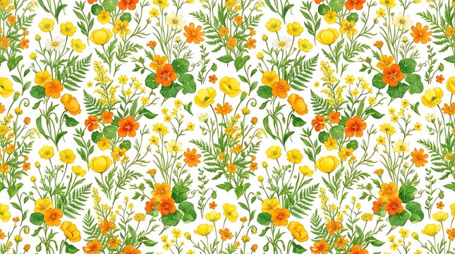 Vibrant wildflower meadow seamless pattern with yellow and orange blooms