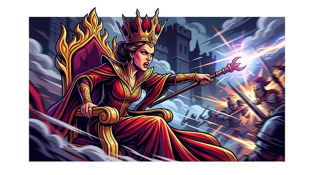 Powerful fantasy queen on throne casting magic during battle