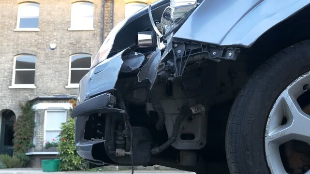 Front bumper and fender damage on a car following a collision.&nbsp;