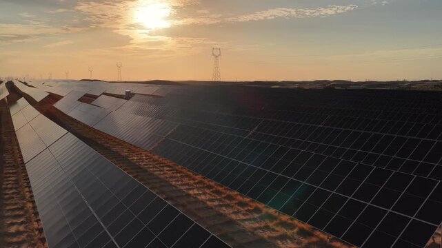 Stunning Sunset over Vast Solar Panel Farm in Remote Sandy Desert Landscape