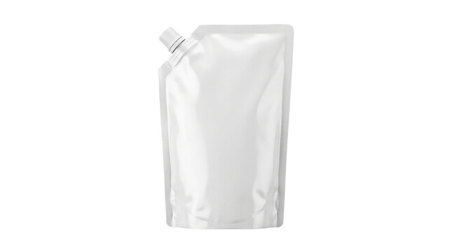 White flexible spout pouch mockup, blank plastic liquid packaging bag, realistic 3D stand-up doy-pack for food and cosmetic branding