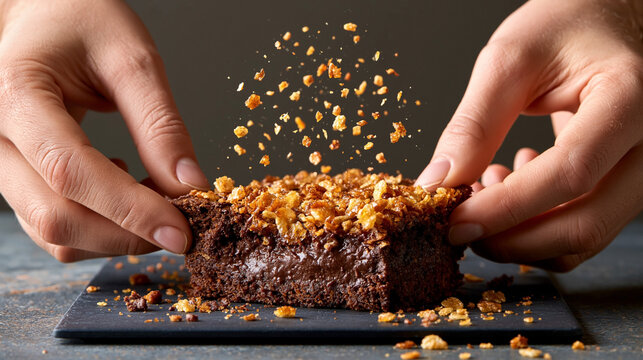 Hands of a person lifting a chocolate brownie topped with crushed nuts on a dark plate, with scattered crumbs and a textured background enhancing the dessert's appeal