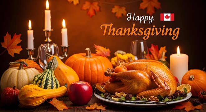 Roasted turkey dinner with pumpkins and candles for a festive canadian thanksgiving celebration on a wooden table