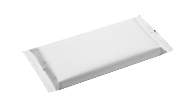 White chocolate bar mockup, blank snack packaging wrap, realistic food product foil wrapper, isolated candy bar packet for branding