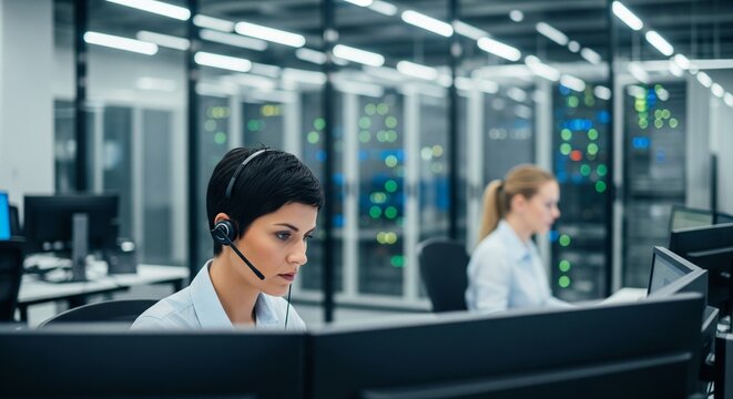 Female Customer Support Agent Wearing Headset Working in a Modern Data Center with Servers