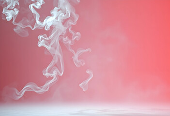 Obraz premium White smoke or vapor rising and swirling against a soft pink background with copy space for abstract design, the fluid motion of the smoke forms delicate patterns and textures, providing a serene