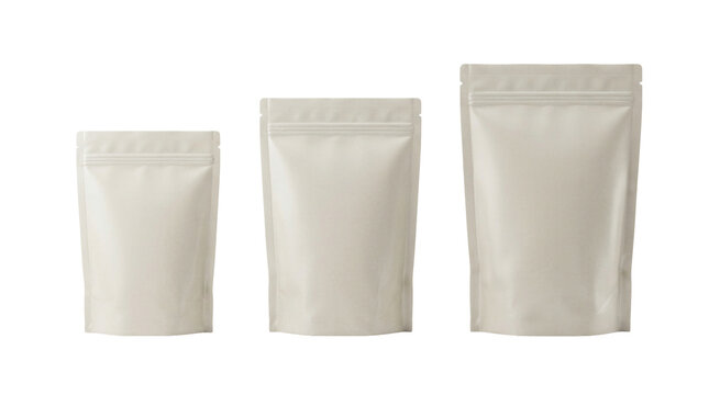 Minimalist white stand-up pouch mockup set, three blank doy-pack sizes for food packaging, clean plastic zip bag collection on white