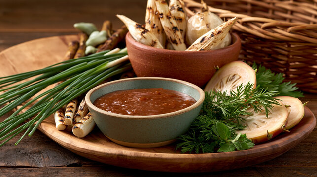 Fresh vegetables and herbs arranged on a wooden platter with a bowl of sauce, showcasing grilled onions, chives, and root vegetables in a rustic setting