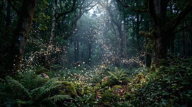 Magical forest with glowing fireflies. Sunlight filters through the trees.