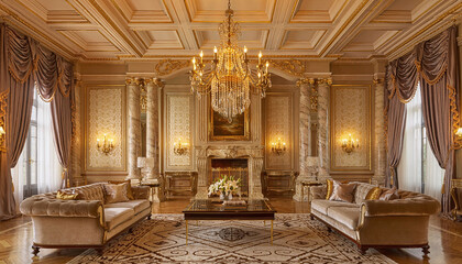 Fototapeta premium Step into ultimate luxury in this opulent palace living room featuring ornate gold decor, a grand crystal chandelier, plush velvet sofas, and a fireplace with nobody inside.