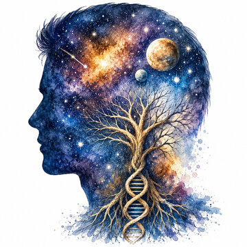Universe Within &ndash; Human Mind, DNA Tree and Cosmic Galaxy Watercolor Illustration