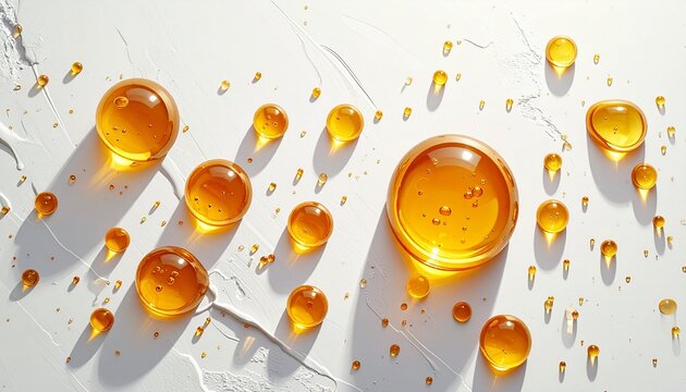 gocce di liquido denso color arancione brillante su superficie chiara e pulita