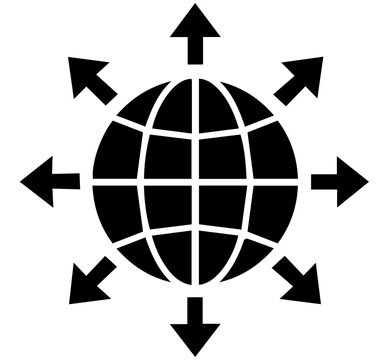 Globe icon with surrounding arrows indicating worldwide distribution or expansion, shipping