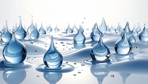 Distesa astratta di gocce d'acqua cristalline a forma di lacrima su superficie fluida e ondulata. Sfondo bianco luminoso, perfetto per concetti di idratazione profonda, siero e skincare