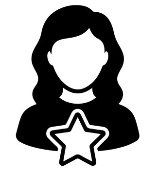 Minimalist female user profile icon silhouette featuring a star graphic symbol, identity