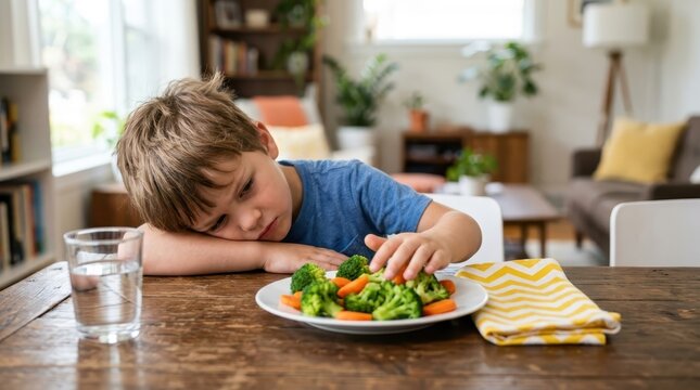 Unhappy Little Boy Refusing to Eat Healthy Steamed Broccoli and Carrots at Home Dining Table