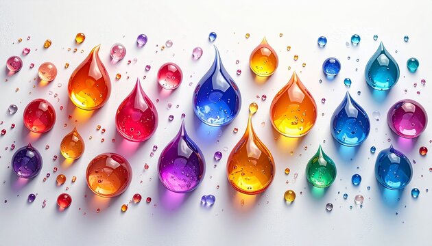 Vivaci gocce d'acqua colorate e trasparenti disposte in un pattern astratto su sfondo bianco. Grafica 3D lucida ideale per concetti di creativit&agrave;, design, arte e vivacit&agrave;