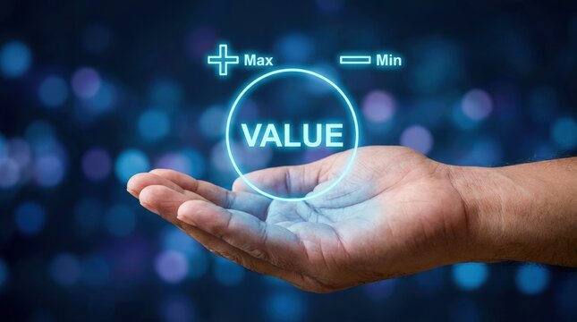 Hand holding a glowing circle with the word VALUE and plus minus icons.