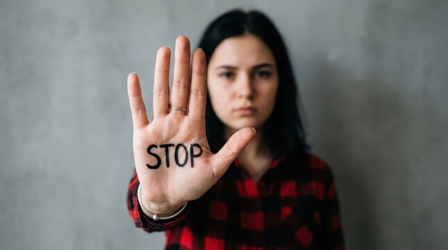 Young woman showing stop gesture with word STOP written on palm, concept of domestic violence and harassment