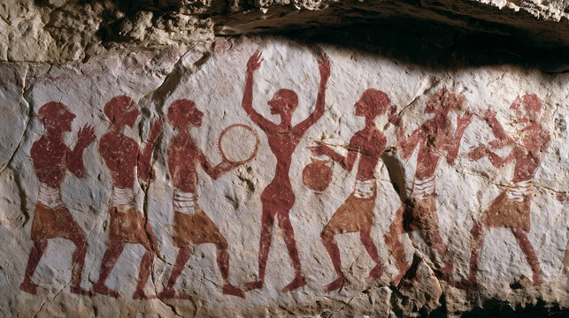 Ancient Cave Painting: A vibrant prehistoric cave painting depicts a lively scene of figures dancing and celebrating, showcasing ancient rituals and artistic expression.