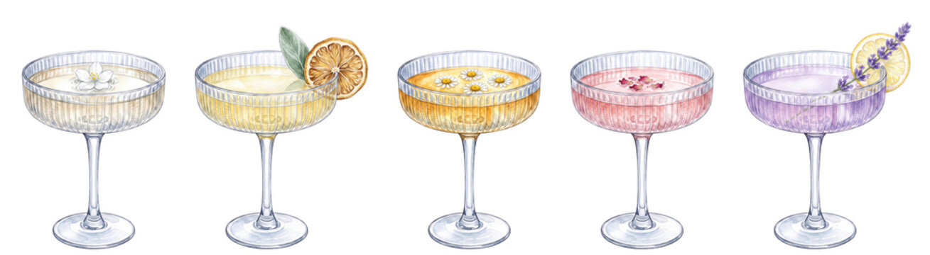 watercolor vintage coupe cocktail set illustration with floral garnishes and herbs isolated on transparent background