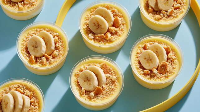 Individual dessert cups filled with banana pudding topped with sliced bananas and crushed cookies arranged on a light blue background with a yellow circular tray