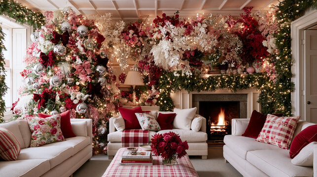 Cozy living room decorated for Christmas with red and white floral arrangements, a fireplace, and plush sofas creating a festive atmosphere for the holiday season