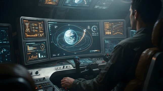 A pilot sits in a spaceship cockpit. Screens display Earth and orbital data.