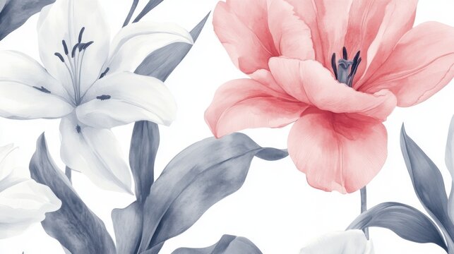 Watercolor Painting of Pink Tulip and White Lily Floral Pattern