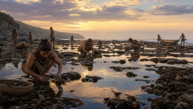Ancient Coastal Civilization: A glimpse into the lives of an early human community engaged in gathering sustenance along a rocky shoreline at sunset.