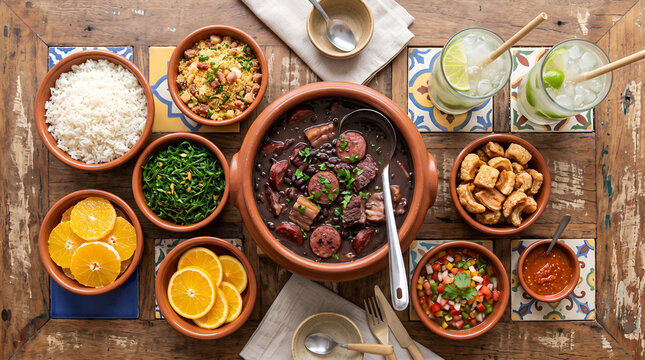 Brazilian Feijoada Meal with Caipirinhas and Sides