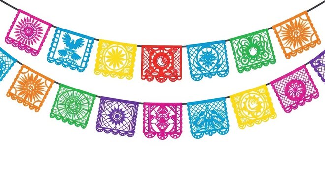 Colorful Mexican papel picado banner decorations.