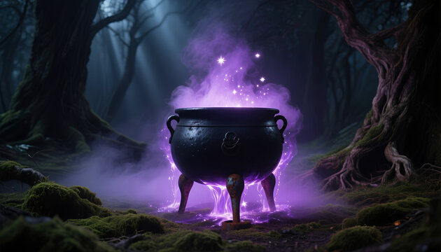 Magical cauldron bubbling with purple potion in a dark forest  