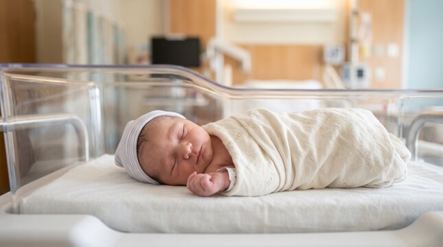 A peaceful newborn baby, wrapped in a blanket and wearing a cap, sleeps soundly in a hospital bassinet.