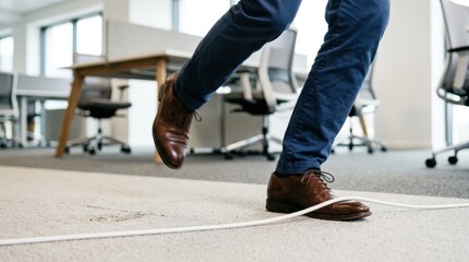 Obraz premium Businessman Tripping Over Loose Cable on Office Floor - Workplace Safety Hazard Concept